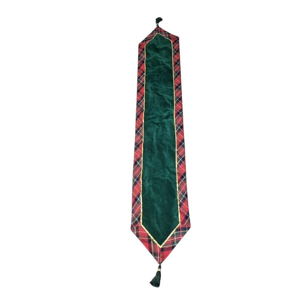 Marta Stewart Tartan Plaid Christmas Table Runner Green Velvet Tassels Gold